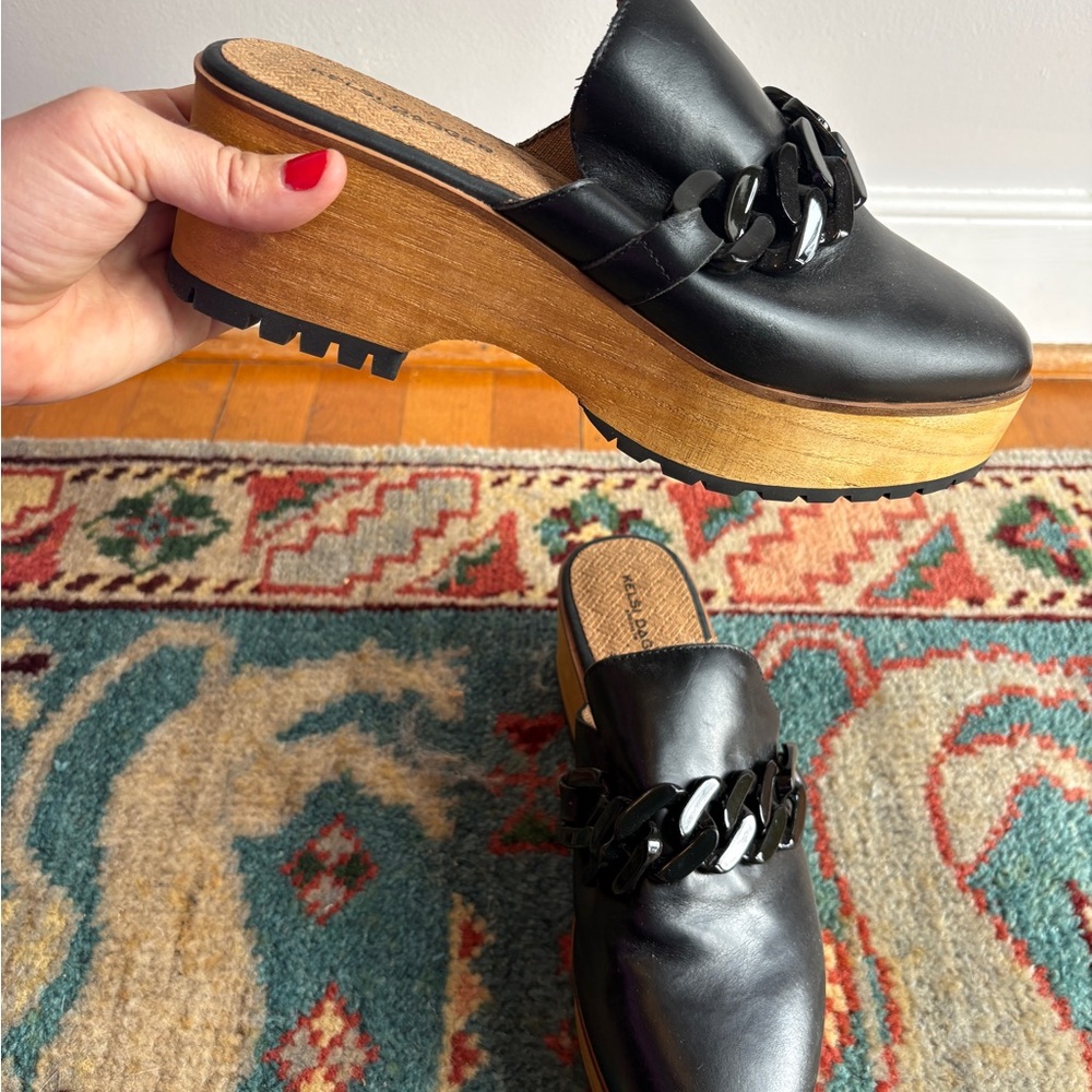 Kelsi Dagger Black Brooklyn Leather Mule wooden Clog with Chain Detail